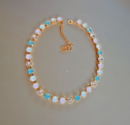 JOSEPHINE Austrian crystal light opals,clear crystal tennis necklace,gold plated