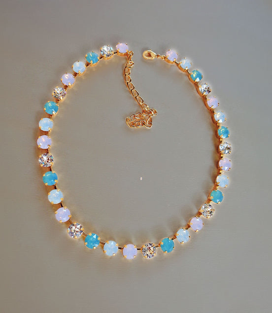 JOSEPHINE Austrian crystal light opals,clear crystal tennis necklace,gold plated