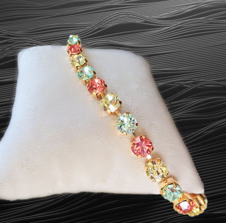 SWEET LAINEY crystal pastel multi colour tennis bracelet ,gold plated