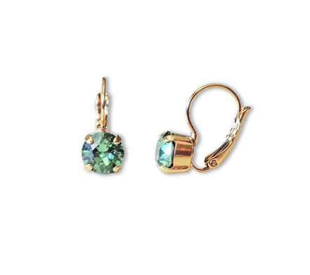Crystal round drop earrings,green,gold plated