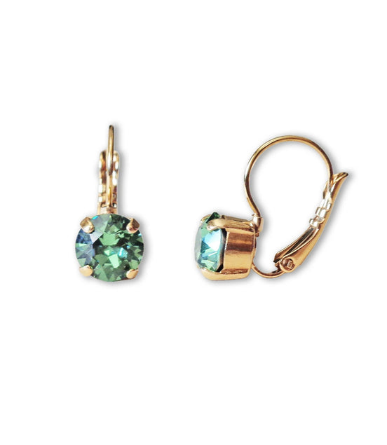 Crystal round drop earrings,green,gold plated