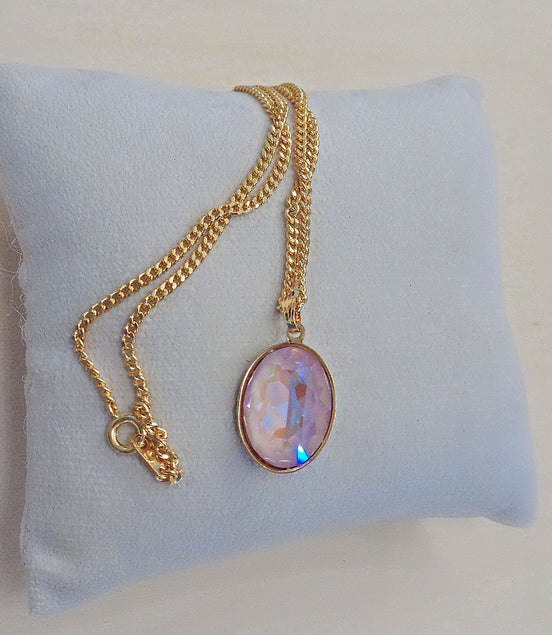 Crystal oval drop  pendant necklace,dusty pink
