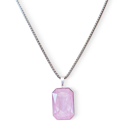 Crystal  large rectangular pendant necklace soft pink,stainless steel