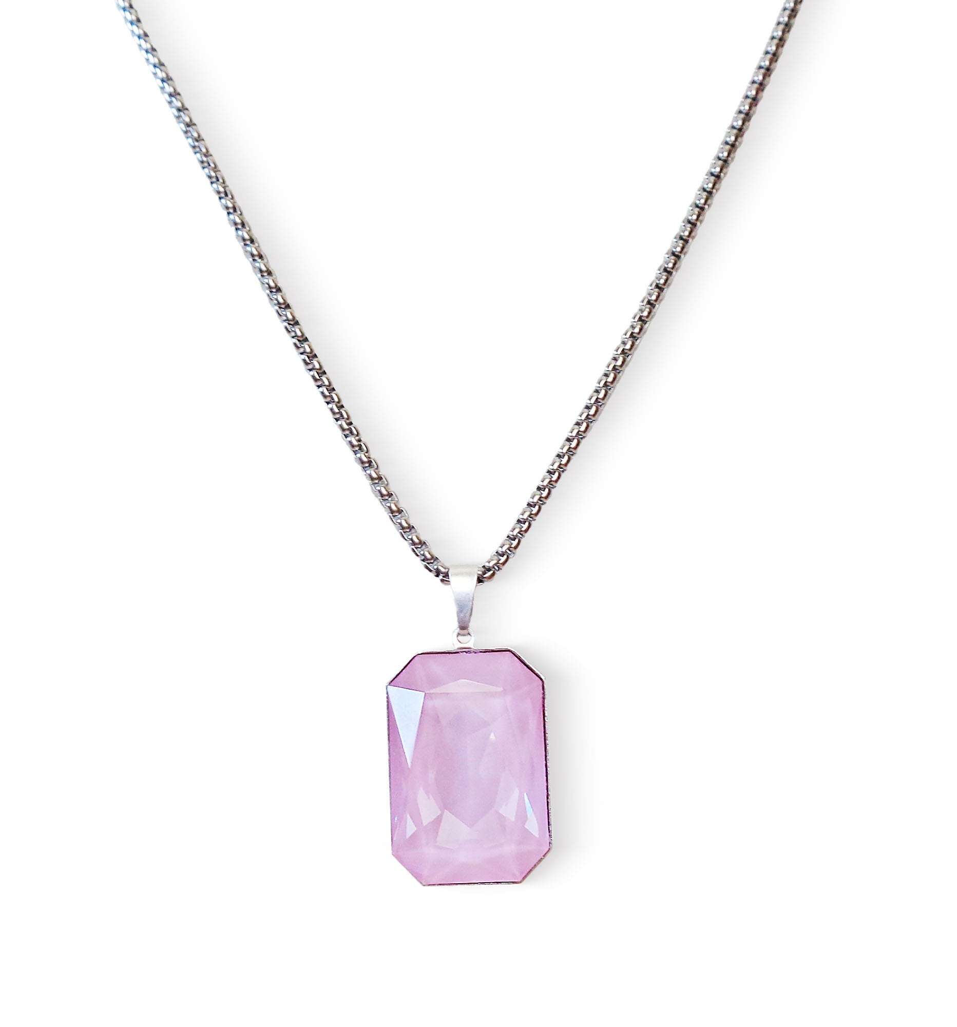 Crystal  large rectangular pendant necklace soft pink,stainless steel