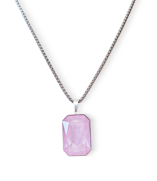 Crystal  large rectangular pendant necklace soft pink,stainless steel
