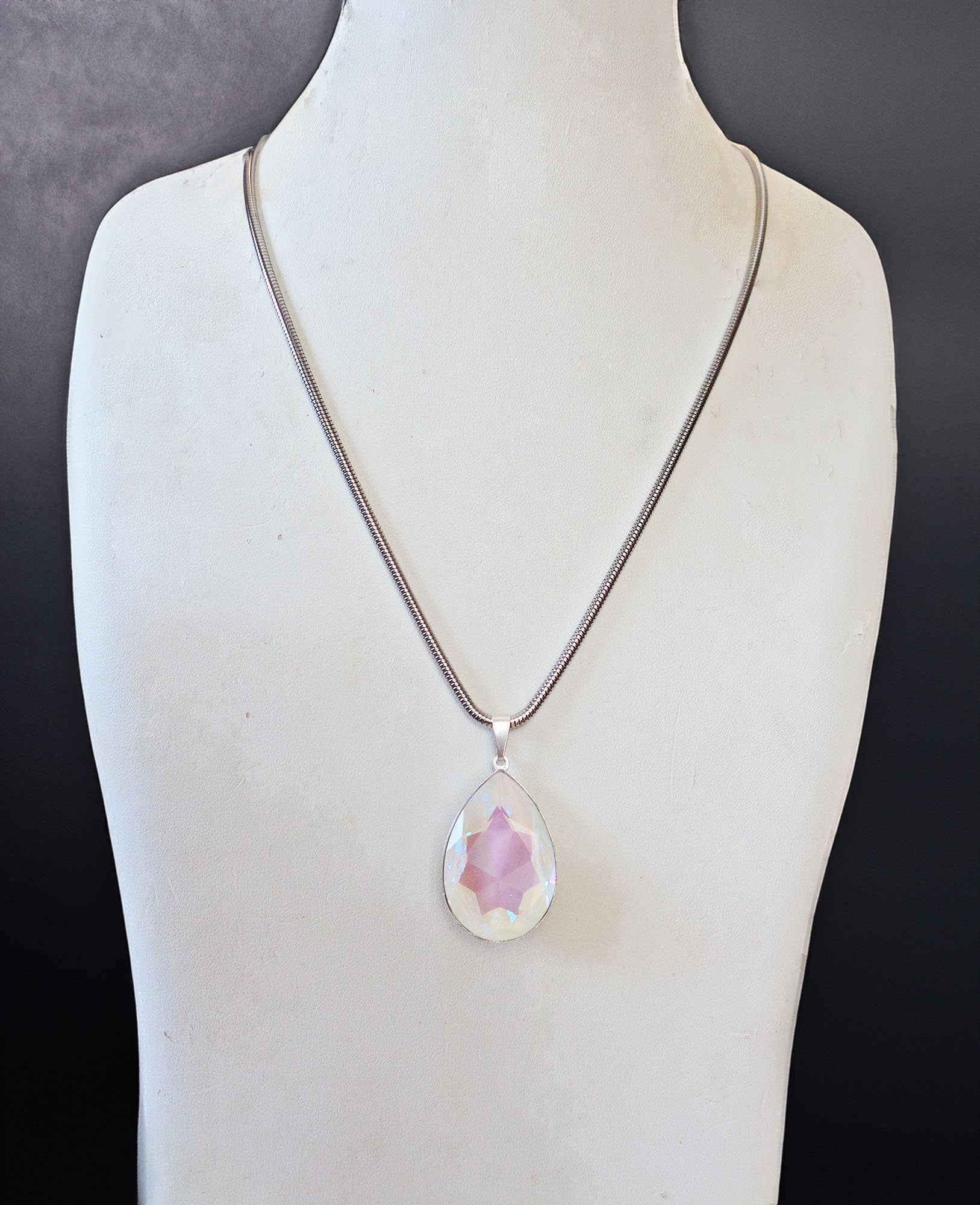 Large crystal pear  pendant necklace light grey Delite,stainless steel