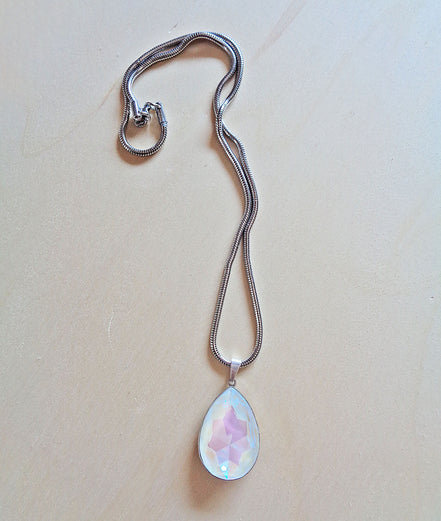 Large crystal pear  pendant necklace light grey Delite,stainless steel
