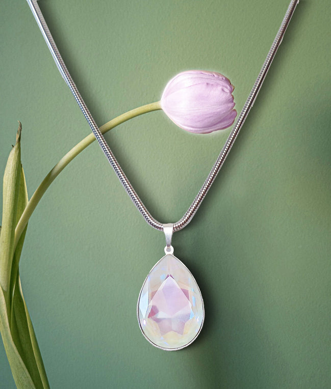 Large crystal pear  pendant necklace light grey Delite,stainless steel