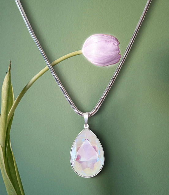 Large crystal pear  pendant necklace light grey Delite,stainless steel