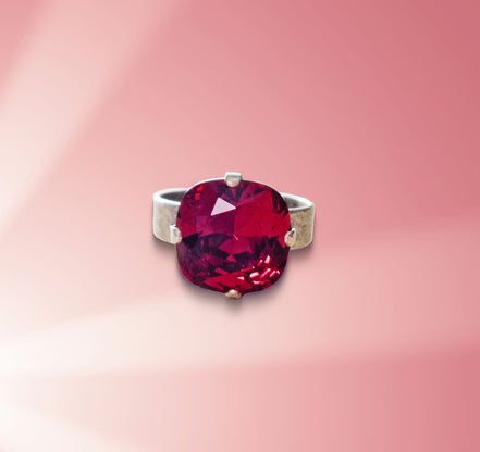 Crystal square stone ring,red ,antique silver