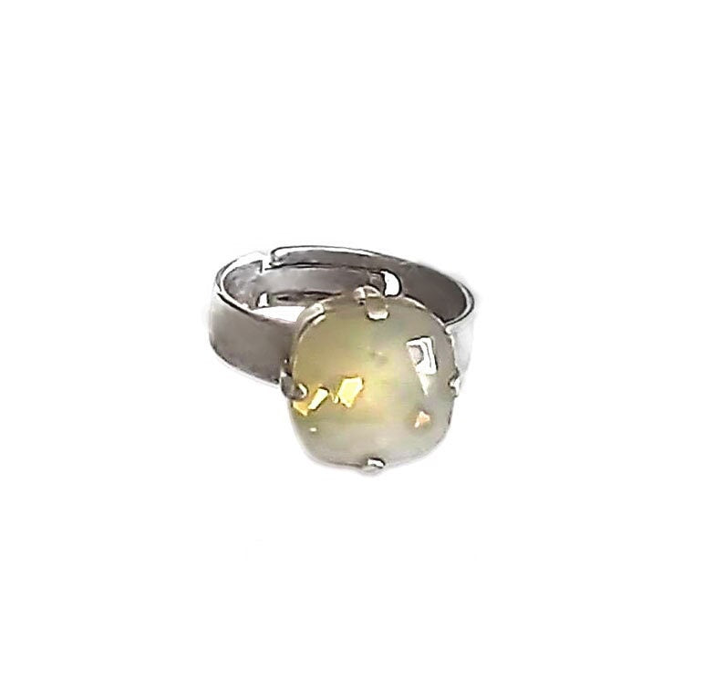 Crystal square stone ring light grey opal,antique silver