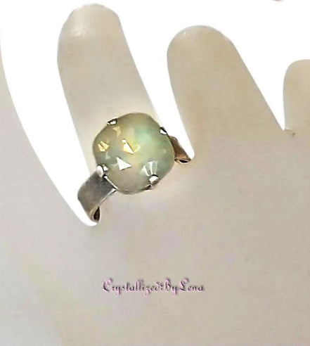 Crystal square stone ring light grey opal,antique silver