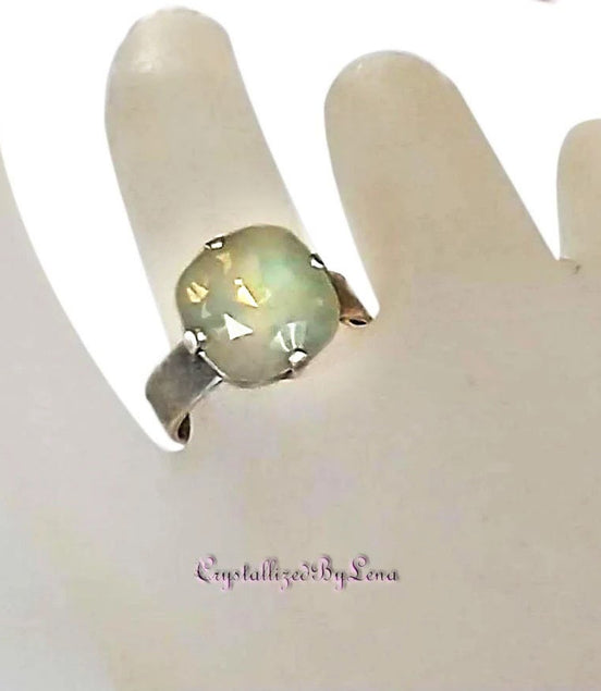 Crystal square stone ring light grey opal,antique silver