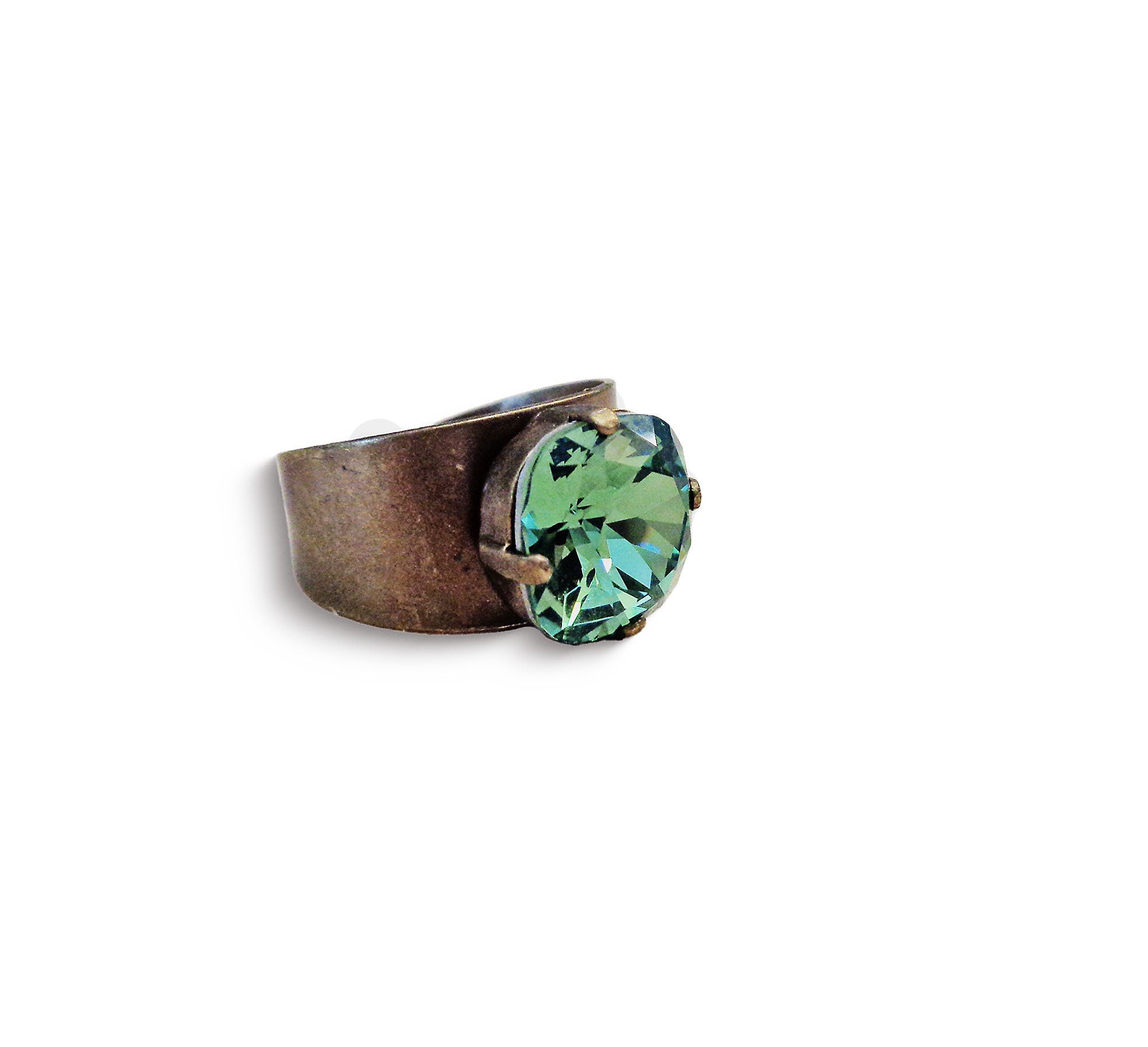 Crystal square stone ring,green,antique brass