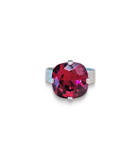 Crystal square stone ring ,ruby red,antique silver
