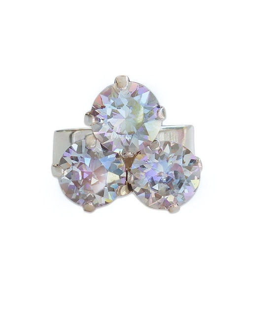 Crystal three stone ring ,blue shade,silver plated