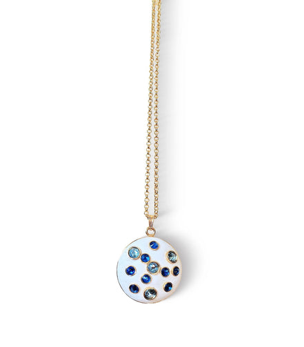 Crystal round pendant neckalce ,blue,white , gold plated