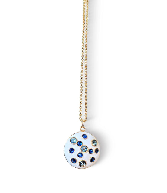 Crystal round pendant neckalce ,blue,white , gold plated