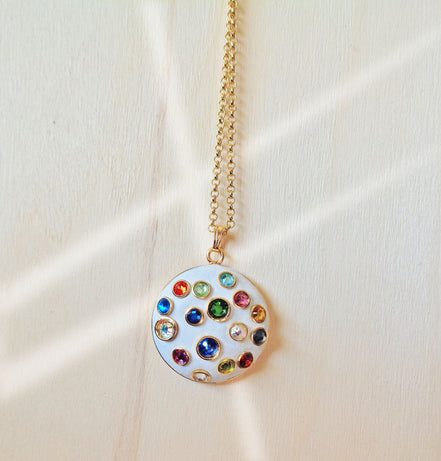 Crystal round pendant necklace,multicolour , gold plated