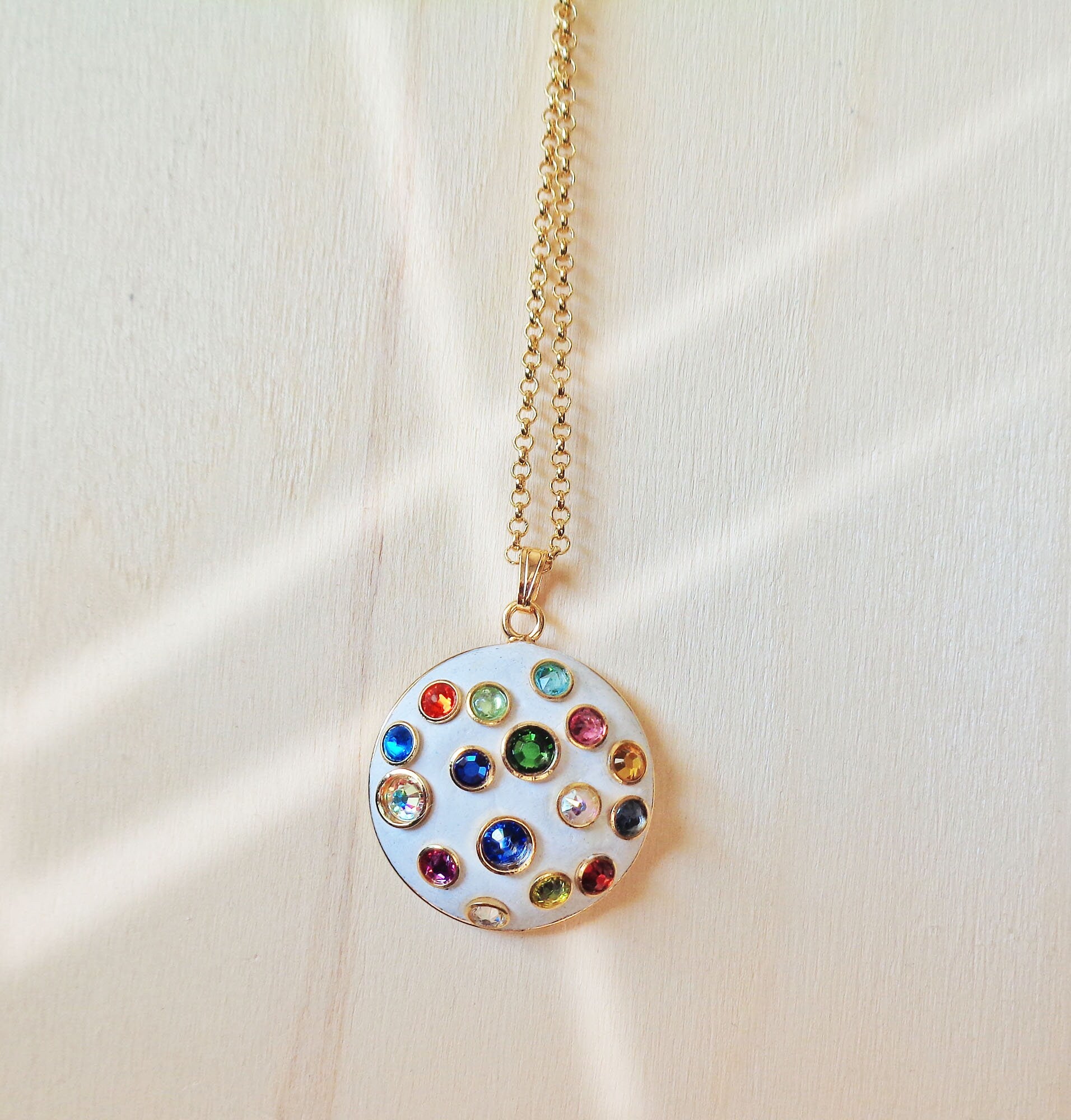 Crystal round pendant necklace,multicolour , gold plated