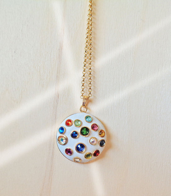 Crystal round pendant necklace,multicolour , gold plated