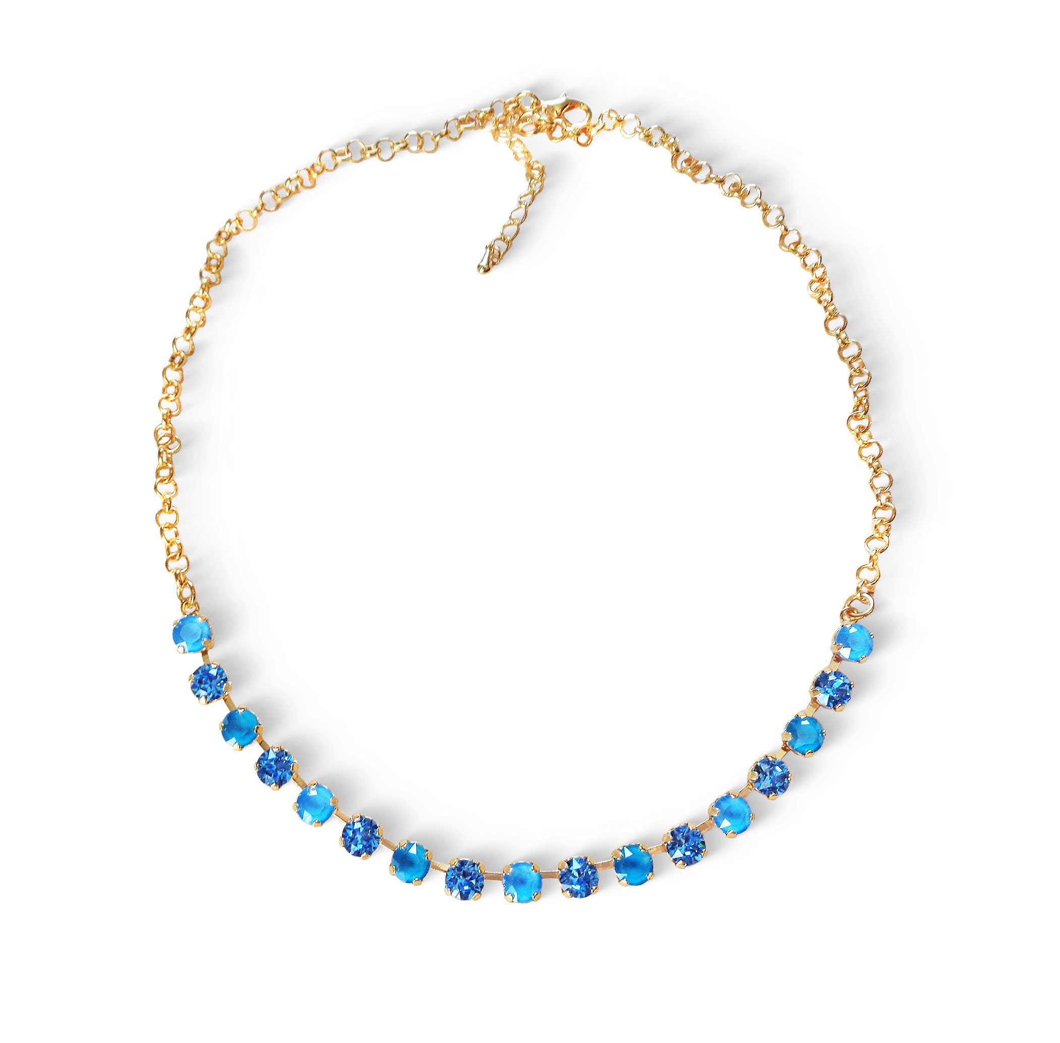 Crystal chain necklace ice blue,azure blue ,yellow gold