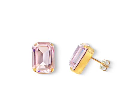 Crystal rectangular stud  earrings Rosaline, yellow gold plated