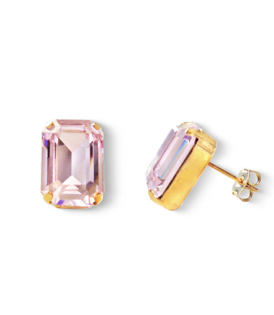 Crystal rectangular stud  earrings Rosaline, yellow gold plated