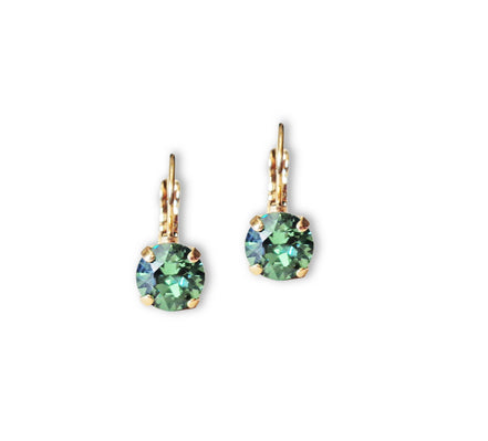 Crystal round drop earrings,green,gold plated