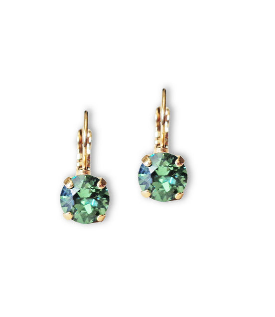 Crystal round drop earrings,green,gold plated