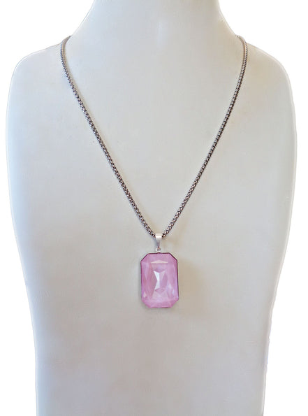 Crystal  large rectangular pendant necklace soft pink,stainless steel