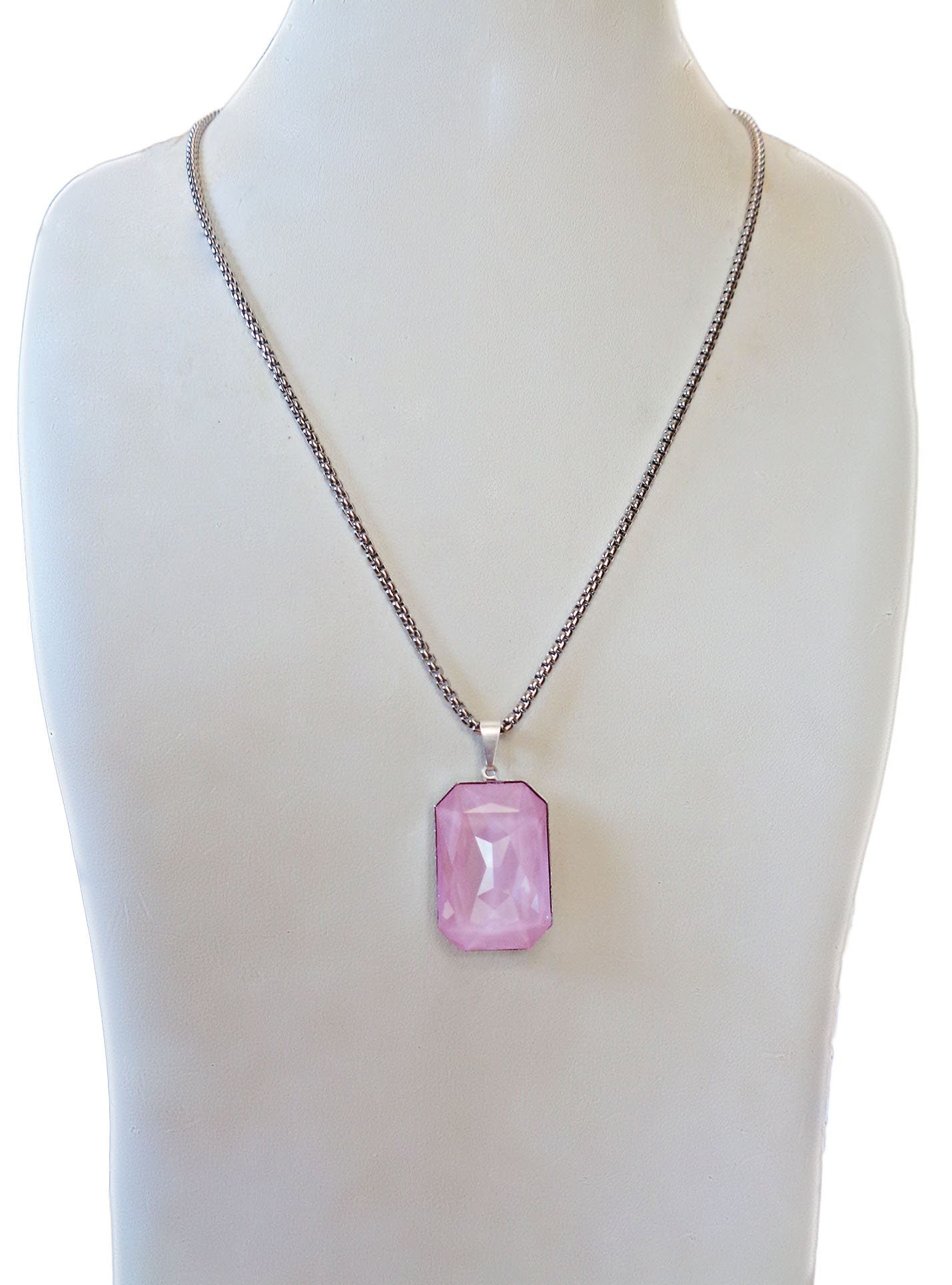 Crystal  large rectangular pendant necklace soft pink,stainless steel