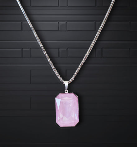 Crystal  large rectangular pendant necklace soft pink,stainless steel