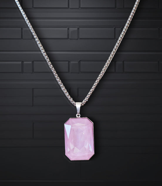Crystal  large rectangular pendant necklace soft pink,stainless steel