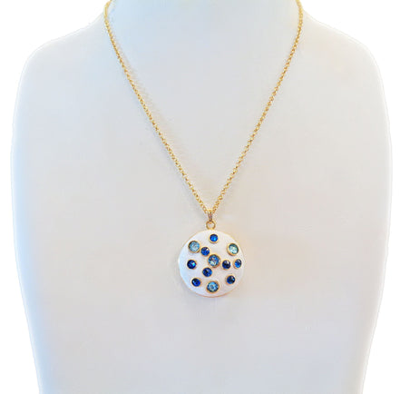 Crystal round pendant neckalce ,blue,white , gold plated
