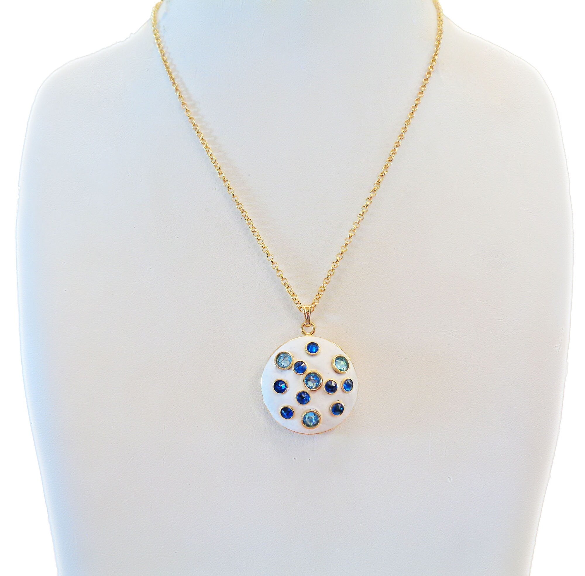 Crystal round pendant neckalce ,blue,white , gold plated