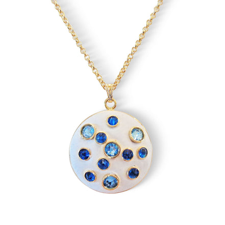 Crystal round pendant neckalce ,blue,white , gold plated