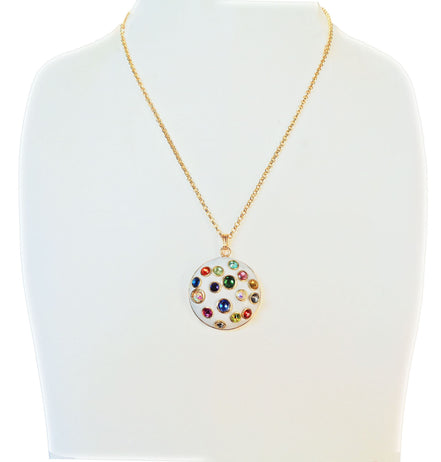 Crystal round pendant necklace,multicolour , gold plated