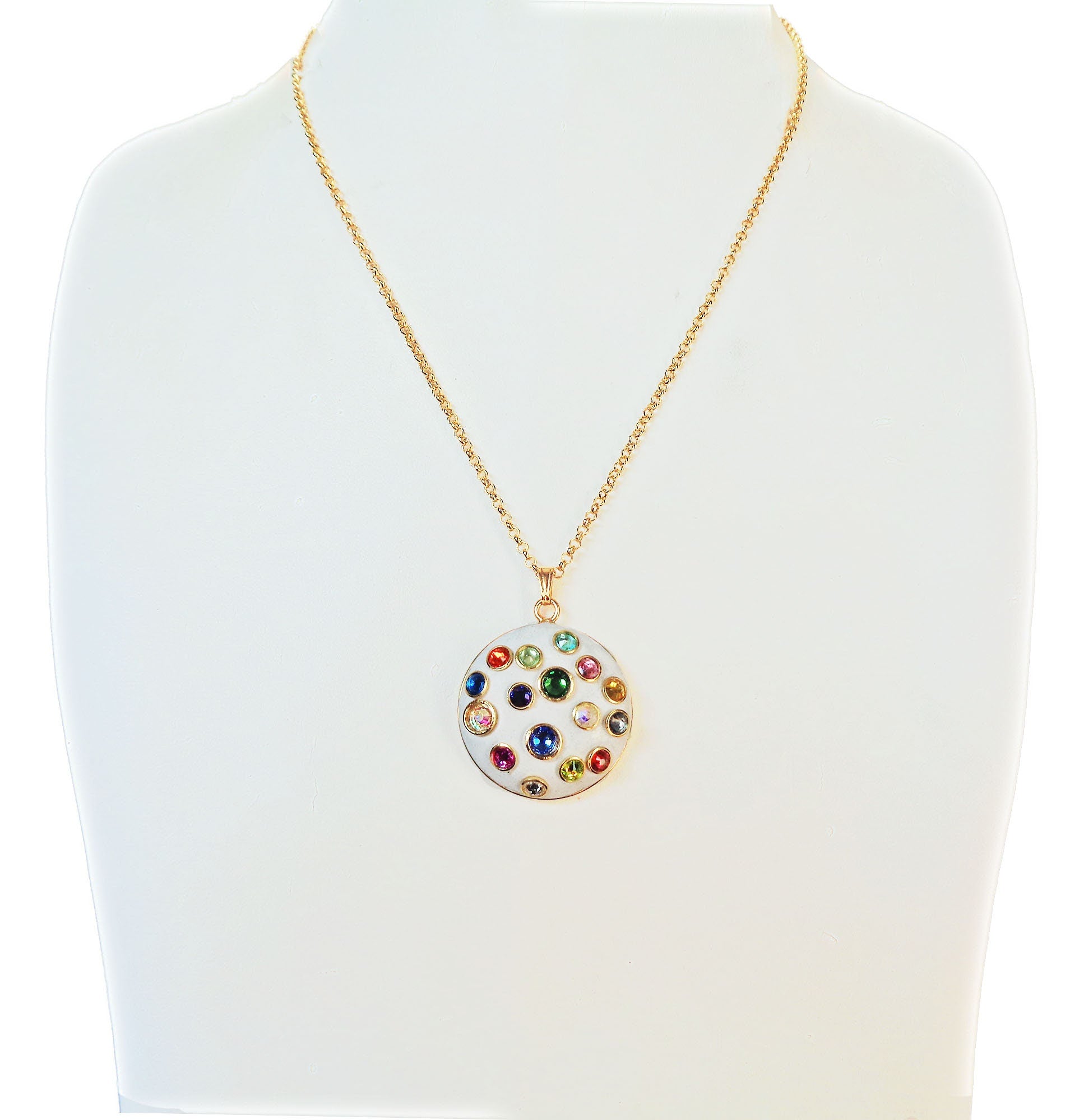 Crystal round pendant necklace,multicolour , gold plated