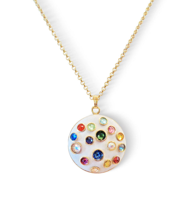 Crystal round pendant necklace,multicolour , gold plated
