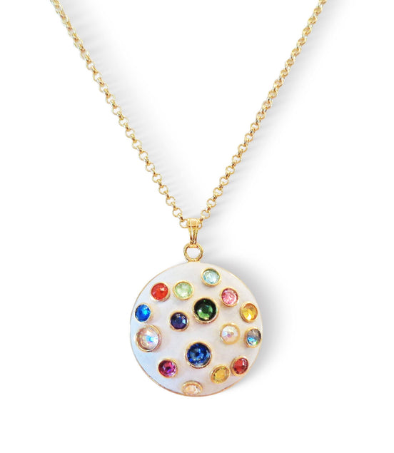 Crystal round pendant necklace,multicolour , gold plated