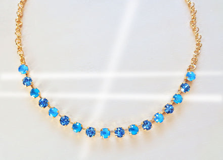 Crystal chain necklace ice blue,azure blue ,yellow gold