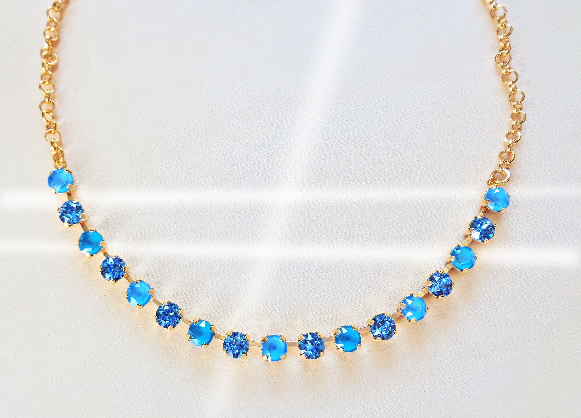 Crystal chain necklace ice blue,azure blue ,yellow gold