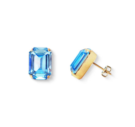 Crystal  rectangular stud  earrings aquamarine, yellow gold plated