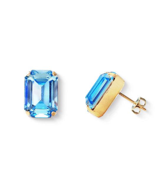 Crystal  rectangular stud  earrings aquamarine, yellow gold plated