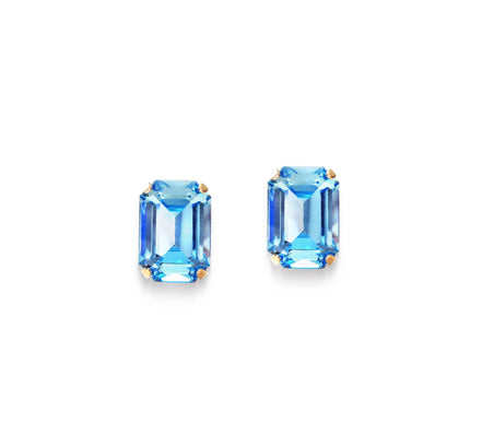 Crystal  rectangular stud  earrings aquamarine, yellow gold plated