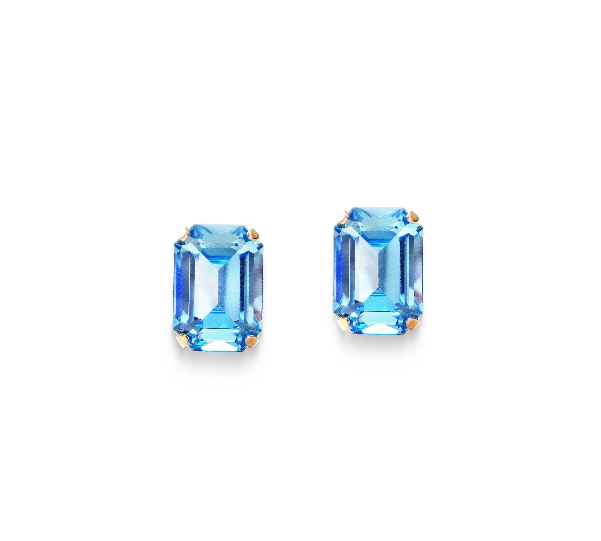 Crystal  rectangular stud  earrings aquamarine, yellow gold plated