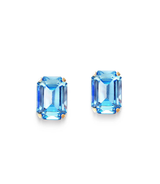 Crystal  rectangular stud  earrings aquamarine, yellow gold plated