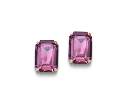 Crystal rectangular  stud  earrings  Dark rose, rhodium silver