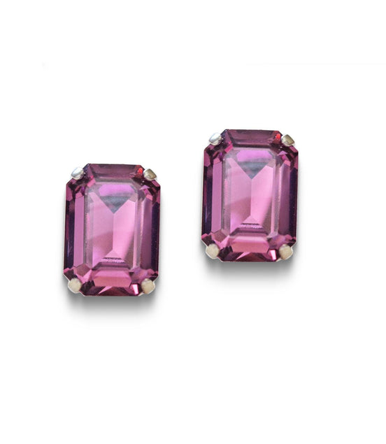 Crystal rectangular  stud  earrings  Dark rose, rhodium silver